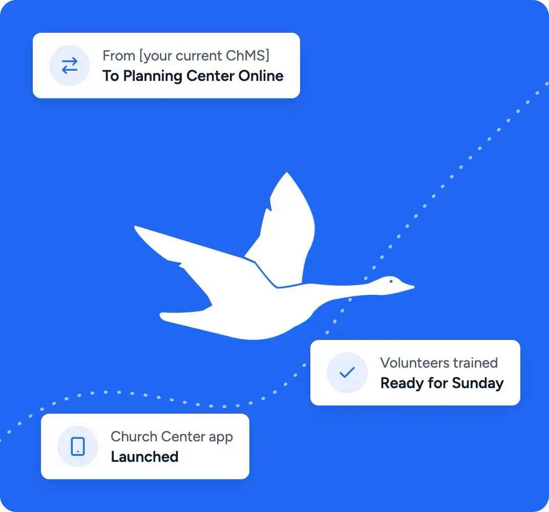 My PCO Pro goose mark with callouts: from your current ChMS to Planning Center Online, volunteers trained and ready for Sunday, Church Center app launched